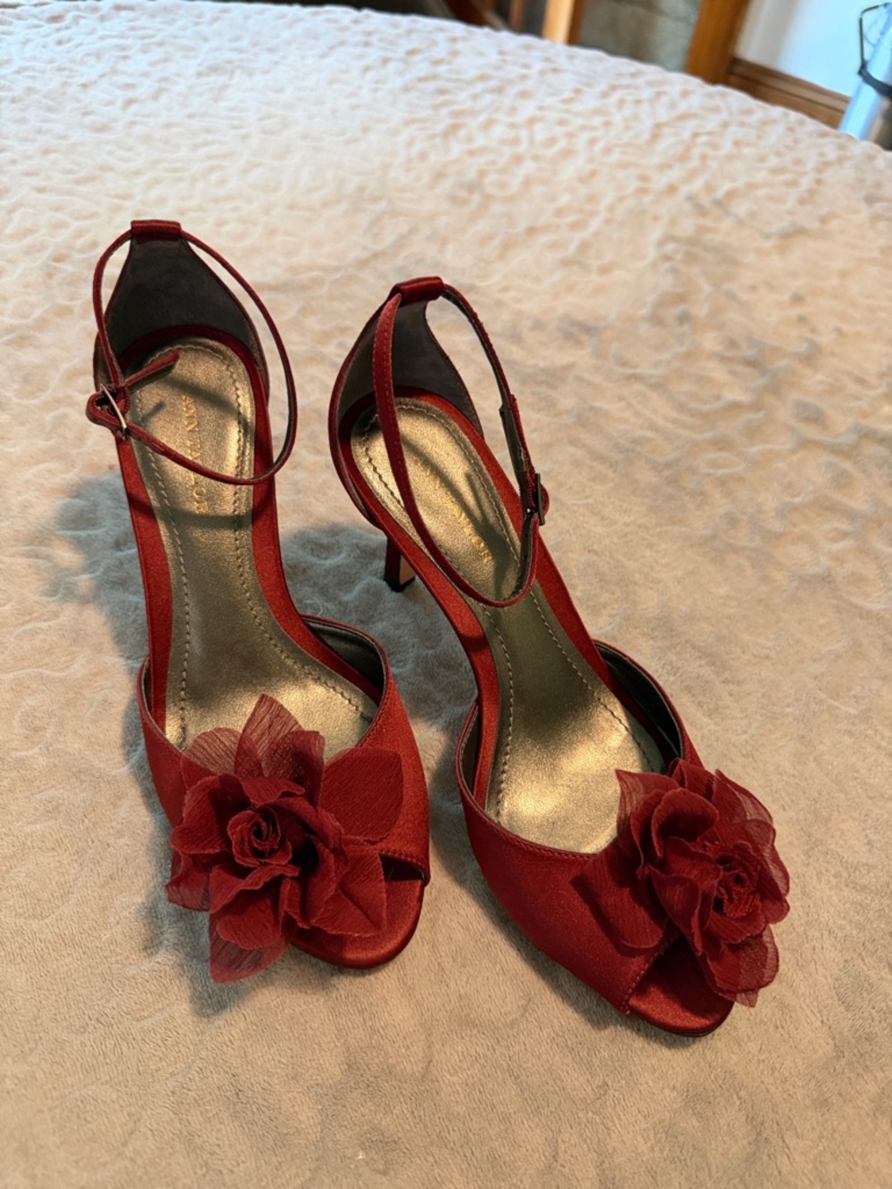Ann Taylor Burgundy Floral Peep-Toe Ankle-Strap Heels